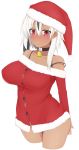  1girl absol bell bell_collar black_hair blush breasts christmas collar dark_skin hat highres large_breasts long_hair looking_at_viewer multicolored_hair natsuki_straight navel open_mouth personification pokemon pokemon_(game) red_eyes santa_costume santa_hat side_ponytail simple_background solo tail white_background white_hair 