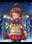  1girl :d ^_^ ahoge black_legwear blush brown_gloves brown_hair cardigan closed_eyes glasses gloves lamppost open_mouth pantyhose plaid plaid_skirt pleated_skirt pote_(ptkan) red-framed_glasses scarf semi-rimless_glasses skirt smile snow snowing solo touhou under-rim_glasses usami_sumireko 