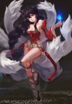  1girl ahri animal_ears bi_ge_xing black_hair braid breasts detached_sleeves energy_ball fox_ears fox_tail full_body hair_between_eyes hand_on_hip korean_clothes large_breasts league_of_legends lips long_hair looking_to_the_side miniskirt multiple_tails off_shoulder parted_lips single_braid skirt solo standing_on_one_leg tail very_long_hair wide_sleeves yellow_eyes 