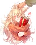  1girl ^_^ absurdres animal_ears blonde_hair blush_stickers breasts cleavage closed_eyes dio_uryyy gift heart highres long_hair original petting simple_background smile solo_focus sweater white_background 