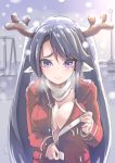  1girl animal_ears blue_eyes blue_hair breasts coat large_breasts long_hair looking_at_viewer no_bra open_clothes open_coat original phandit_thirathon reindeer snowing solo twintails very_long_hair wavy_mouth winter_clothes 