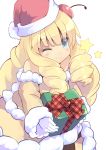  1girl absurdres blonde_hair blue_eyes blush character_request christmas coat copyright_request drill_hair gift hat highres nomalandnomal one_eye_closed santa_hat smile solo star 