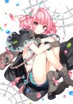  1girl bag bob_cut boots cape capelet crossed_legs gem gloves green_boots green_gloves hair_ornament knees_to_chest leg_hug looking_at_viewer nardack pink_eyes pink_hair short_hair shoulder_bag sitting skirt smile solo 
