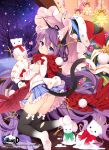  1girl animal_ears ass bare_shoulders blue_eyes blush byulzzimon cat_ears cat_tail christmas christmas_tree copyright_name long_hair looking_at_viewer looking_back night night_sky official_art original purple_hair scarf scissors sky snow snowman solo tail thigh-highs unleashed very_long_hair wide_sleeves 