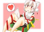  1girl animal_ears bike_shorts blush box breasts detached_sleeves elu_butyo gift gift_box hat heart inubashiri_momiji looking_at_viewer open_mouth pom_pom_(clothes) red_eyes short_hair silver_hair skirt smile solo speech_bubble tail tokin_hat touhou wolf_ears wolf_tail 