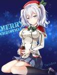  1girl bell blush breasts capelet cup grey_eyes hair_bell hair_ornament hat highres kantai_collection kashima_(kantai_collection) long_sleeves looking_at_viewer merry_christmas military pleated_skirt santa_hat silver_hair sitting skirt smile solo sousouman star teacup wariza 