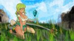  1girl barefoot blue boulder bra breasts dragomon_hunter dragon_girl egg fantasy feathers frosthyde grass green green_hair highres long_hair looking_at_viewer magic miniskirt panties red_eyes skirt solo tail tan tanline tattoo underwear 