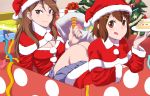  2girls :q box breasts brown_eyes brown_hair cake cleavage extra food highres hirasawa_yui in_box in_container k-on! long_hair multiple_girls party_popper santa_costume short_hair tachibana_himeko tongue tongue_out tyotyotyori 