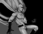  1boy bald boots cape clenched_hand gloves greyscale male_focus monochrome muscle onepunch_man saitama_(onepunch_man) solo tariah_furlow zipper 