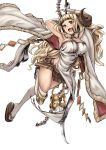  1girl ahoge anila_(granblue_fantasy) blonde_hair breasts cleavage eyebrows gloves granblue_fantasy highres horns large_breasts long_hair sandals sheep_horns simple_background smile socks solo thick_eyebrows thighs tomiokasena very_long_hair white_background white_gloves white_legwear 