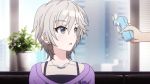  1girl anastasia_(idolmaster) animated animated_gif blue_eyes closed_eyes collarbone earrings eyebrows eyebrows_visible_through_hair fan idolmaster jewelry lowres necklace screencap short_hair silver_hair smile solo 