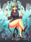  &gt;:o 1girl :o black_dress black_shoes collarbone crossed_legs curly_hair dress fire floating full_body green_eyes green_hair high_heels highres kenron_toqueen levitation long_sleeves no_socks onepunch_man pointing pointing_up rock shoes short_hair side_slit signature smoke solo tareme tatsumaki telekinesis thick_thighs thighs white_pupil 