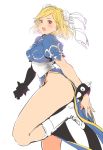  1girl :d alternate_costume ass bare_hips black_eyes blonde_hair blue_dress blush boots bracelet bun_cover capcom china_dress chinese_clothes chun-li chun-li_(cosplay) cosplay djeeta_(granblue_fantasy) double_bun dress goshiki_suzu granblue_fantasy jewelry looking_at_viewer no_legwear no_panties open_mouth pelvic_curtain puffy_short_sleeves puffy_sleeves short_hair short_sleeves side_slit simple_background smile solo spiked_bracelet spikes street_fighter teeth thighs white_background white_boots 