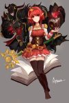  1girl absurdres annnna black_legwear book dungeon_and_fighter highres holding holding_book looking_at_viewer pleated_skirt pointy_ears red_eyes red_skirt redhead short_hair skirt solo staff thigh-highs 