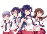  4girls agano_(kantai_collection) black_hair braid brown_eyes brown_hair gloves green_eyes kantai_collection long_hair mousoup multiple_girls noshiro_(kantai_collection) one_eye_closed open_mouth ponytail purple_hair sakawa_(kantai_collection) school_uniform serafuku siblings skirt smile yahagi_(kantai_collection) 