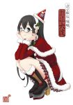  1girl black-framed_glasses black_hair blue_eyes blush boots fur_trim glasses hairband high_heel_boots high_heels kantai_collection kokudou_juunigou long_hair long_sleeves looking_at_viewer ooyodo_(kantai_collection) santa_costume semi-rimless_glasses simple_background smile solo under-rim_glasses white_background 