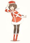  1girl :d beige_background black_legwear boots brown_eyes brown_hair capelet character_name dress full_body fur_trim hair_between_eyes hand_on_forehead hat high_heels kantai_collection long_sleeves looking_at_viewer open_mouth pantyhose pom_pom_(clothes) red_boots ribbon salute santa_boots santa_costume seamed_legwear short_hair side-seamed_legwear simple_background smile solo ssberit teeth yukikaze_(kantai_collection) 