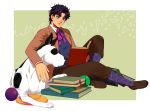  1boy ball black_hair blue_eyes book book_stack danny_(jojo) dog frisbee highres jojo_no_kimyou_na_bouken jonathan_joestar male_focus reading sitting socks tariah_furlow 