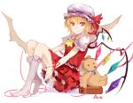  1girl absurdres annnna blonde_hair dress flandre_scarlet hat highres looking_at_viewer pink_ribbon red_dress red_eyes ribbon short_hair simple_background smile solo stuffed_animal stuffed_toy teddy_bear touhou white_background white_legwear wings 