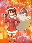  bag bangs bow brown_eyes brown_hair christmas commentary_request dress elbow_gloves failure_penguin fur_trim gloves hair_ribbon hand_on_hip hat kaga_(kantai_collection) kantai_collection looking_at_viewer miniskirt miss_cloud red_dress red_legwear ribbon santa_costume santa_hat side_ponytail skirt sleeveless sleeveless_dress sparkle sparkle_background tamago_(yotsumi_works) 