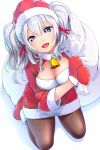  1girl :d akama_zenta alternate_costume bell black_legwear blue_eyes breasts christmas cleavage gloves kantai_collection kashima_(kantai_collection) large_breasts looking_at_viewer mittens open_mouth pantyhose red_gloves sack santa_costume silver_hair simple_background smile solo twintails white_background 