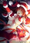  1girl 2015 blush breasts brown_eyes brown_hair christmas elbow_gloves fingerless_gloves fur_trim gloves groin hat heart large_breasts long_hair looking_at_viewer lying merry_christmas nakaichi_(ridil) navel no_bra no_panties on_back open_mouth original outstretched_arms pointy_ears pom_pom_(clothes) red_gloves ribbon santa_costume santa_hat solo 
