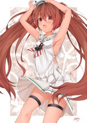  1girl armpits blush breasts brown_eyes brown_hair hat kantai_collection leg_garter libeccio_(kantai_collection) long_hair minari_(minari37) open_mouth signature solo twintails 