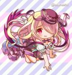  1girl all_fours barefoot blonde_hair chibi diagonal_stripes hair_over_one_eye hat marshmallow_mille off_shoulder pandora_(p&amp;d) puffy_sleeves puzzle_&amp;_dragons red_eyes solo striped striped_background twitter_username 