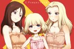  3girls blonde_hair blue_eyes brown_hair camisole clara_(girls_und_panzer) colored_pencil_(medium) commentary girls_und_panzer hammer_and_sickle katyusha long_hair looking_at_another looking_at_viewer looking_away merry_christmas multiple_girls nonna open_mouth russian sakaki_imasato short_hair sketch smile traditional_media translated upper_body 