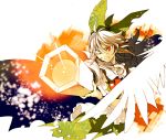  1girl alternate_color arm_cannon bird_wings bow firing hair_bow ichizen_(o_tori) one_eye_closed red_eyes reiuji_utsuho restricted_palette shirt silver_hair skirt smile solo third_eye touhou weapon wings 