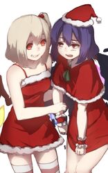  2girls asymmetrical_wings bare_shoulders bat_wings blonde_hair capelet collarbone dress dress_tug embarrassed flandre_scarlet grin hair_between_eyes hat highres lavender_hair looking_at_another looking_at_viewer multiple_girls no_hat open_mouth red_dress red_eyes remilia_scarlet santa_costume santa_hat short_dress short_hair side_ponytail smile striped striped_legwear terimayo thigh-highs touhou wings 