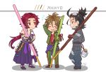  3boys black_eyes black_hair brown_hair closed_eyes food food_on_face goggles goggles_on_head japanese_clothes male_focus multiple_boys nightcat nihongou_(touken_ranbu) otegine oversized_object pocky ponytail red_eyes redhead smile tonbokiri_(touken_ranbu) touken_ranbu 