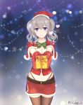  1girl 2015 absurdres blue_eyes breasts cleavage dated gloves hat heart highres kantai_collection kashima_(kantai_collection) long_hair navel red_gloves red_skirt santa_costume santa_gloves santa_hat signature silver_hair skirt smile sogalan solo thigh-highs 