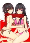  2girls ass bikini black_hair brown_eyes butt_crack front-tie_top highres kurokami_(kurokaminohito) long_hair looking_back multiple_girls navel open_mouth original plaid plaid_bikini scarf shared_scarf shiny shiny_skin short_hair side-tie_bikini swimsuit yellow_eyes 