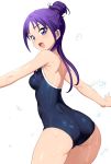  1girl :d blush breasts competition_school_swimsuit from_behind futari_wa_precure_splash_star hair_ornament half_updo long_hair mishou_mai one-piece_swimsuit open_mouth ponytail precure purple_hair school_swimsuit shin&#039;ya_(shin&#039;yanchi) short_hair simple_background smile solo swimsuit violet_eyes wet white_background 