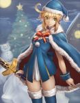  1girl ahoge bauble blonde_hair blue_cape blue_dress bobblehat bow bowtie building choker christmas_tree clouds cloudy_sky collarbone covered_nipples dress fate/grand_order fate/stay_night fate_(series) fur_trim green_eyes hat holding_sword holding_weapon house light nekoarc no_legwear outdoors red_bow red_bowtie saber santa_costume santa_hat sky snow snowman solo sowel_(sk3) sword weapon wrist_cuffs 
