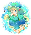  1girl blue_eyes blue_hair boots gloves hair_bobbles hair_ornament hat ichizen_(o_tori) kawashiro_nitori smile solo touhou twintails two_side_up underwater wrench 