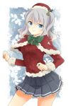  1girl blue_eyes blush breasts capelet hat hiki-wota kantai_collection kashima_(kantai_collection) large_breasts long_hair miniskirt santa_hat silver_hair skirt smile solo sweater twintails wavy_hair 