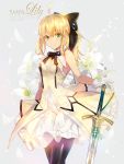  1girl ahoge astarone bare_shoulders black_legwear blonde_hair bow dress excalibur fate/stay_night fate/unlimited_codes fate_(series) gloves green_eyes hair_bow hair_ribbon long_hair pantyhose ponytail ribbon saber saber_lily solo sword weapon white_gloves 