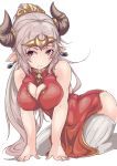  1girl aleeza_(granblue_fantasy) bad_hands blush breasts chinese_clothes cleavage cleavage_cutout dress earrings granblue_fantasy heo horns jewelry kneeling large_breasts long_hair looking_at_viewer pointy_ears ponytail red_dress red_eyes silver_hair simple_background solo thigh-highs white_background white_legwear 