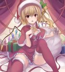  &gt;:o 1girl :o blonde_hair blush capelet christmas colored_eyelashes dress flandre_scarlet gift gift_bag hair_between_eyes hand_on_own_chest hat highres janne_cherry looking_at_viewer open_mouth red_dress red_eyes red_legwear santa_hat short_dress short_hair side_ponytail sitting solo thigh-highs thighs touhou 