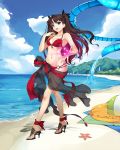  1girl akira_(5888172) ankle_ribbon anklet beach bikini black_hair blue_eyes breasts fate/stay_night fate_(series) gem glowing hair_ribbon heart_ring_bottom high_heels highres jewelry long_hair ribbon sandals sarong see-through solo swimsuit tohsaka_rin toosaka_rin two_side_up 