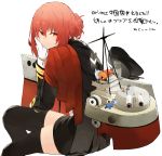  1girl bird cannon chin_rest fairy_(kantai_collection) fletchling gloves hair_bun hand_on_own_cheek hat hat_removed headwear_removed hms_orion_(siirakannu) kantai_collection looking_back machinery original peaked_cap pokemon red_eyes redhead siirakannu simple_background sitting solo thigh-highs uniform welding white_background zettai_ryouiki 