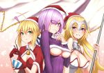  ! 3girls :t blonde_hair blush bowl breasts chopsticks cleavage cleavage_cutout covered_nipples fate/grand_order fate_(series) flag glasses green_eyes grey_eyes grin hair_over_one_eye hat looking_at_viewer multiple_girls open-chest_sweater purple_hair ribbed_sweater ruler_(fate/apocrypha) saber santa_hat shielder_(fate/grand_order) shijiu_(adamhutt) short_hair smile sweater turtleneck under_boob underboob_cutout violet_eyes 