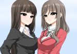  2girls asymmetrical_docking blazer breast_press breasts brown_eyes brown_hair eye_contact face-to-face formal girls_und_panzer long_hair looking_at_another multiple_girls nishizumi_shiho shimada_chiyo shirt so_so suit upper_body 