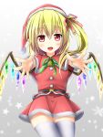  1girl :d alternate_costume alternate_headwear bell bell_collar blonde_hair blush christmas collar deeshima flandre_scarlet fur_trim gradient gradient_background grey_background hair_ribbon hat highres incoming_hug open_mouth outstretched_arms reaching_out ribbon santa_costume santa_hat short_hair side_ponytail smile snowflakes solo star thigh-highs touhou white_legwear wings wrist_cuffs zettai_ryouiki 