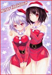  2girls @_@ animal_ears bare_shoulders black_hair blush breasts cleavage detached_sleeves embarrassed hat highres inubashiri_momiji kittona large_breasts looking_at_viewer merry_christmas multiple_girls red_eyes santa_costume santa_hat shameimaru_aya short_hair skirt smile tail touhou traditional_media watercolor_pencil_(medium) wavy_mouth wolf_ears wolf_tail 