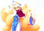  1girl blonde_hair dress fox_tail hat highres long_sleeves looking_at_viewer multiple_tails nama_shirasu pillow_hat scarf smile solo tabard tail touhou white_dress wide_sleeves yakumo_ran yellow_eyes 