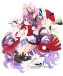  1girl animal_ears ass bare_shoulders blue_eyes blush byulzzimon cat_ears cat_tail christmas copyright_name long_hair looking_at_viewer looking_back official_art original purple_hair scarf scissors snow snowman solo tail thigh-highs unleashed very_long_hair white_background 