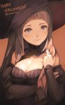  1girl artist_name bangs blue_eyes blunt_bangs breasts cleavage felicia_(fire_emblem_if) fire_emblem fire_emblem_if hair_down halloween happy_halloween hat long_hair pink_hair riku_(wana) solo twitter_username witch witch_hat 